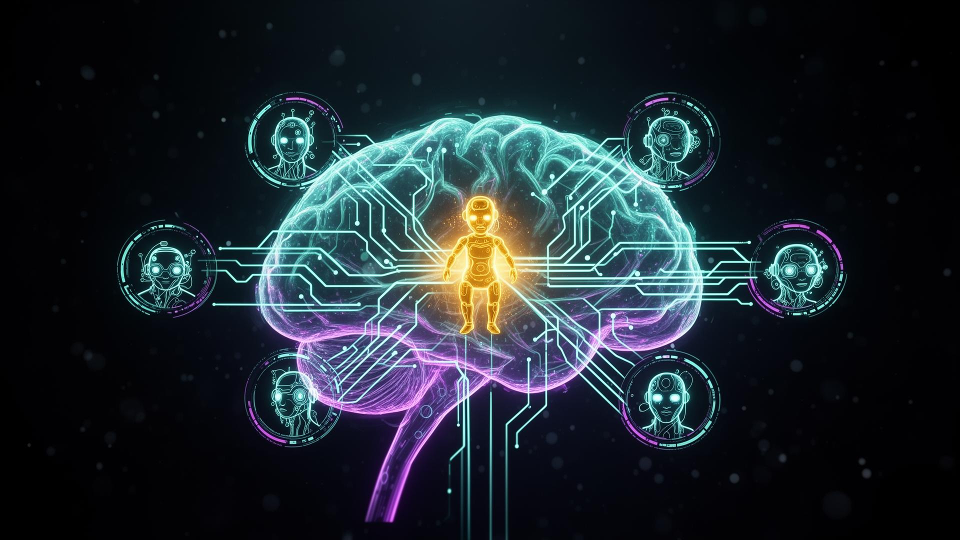 Holographic AI brain with glowing agent icons floating in dark space