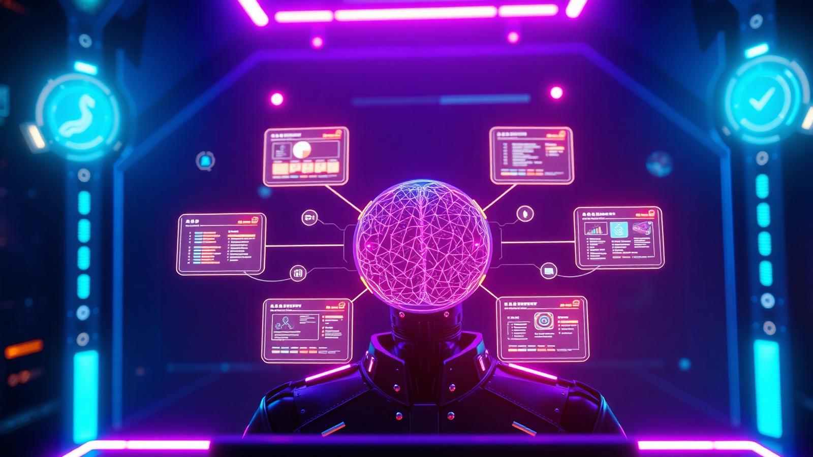 Autonomous AI agent orchestrating multiple holographic task dashboards in a futuristic command room