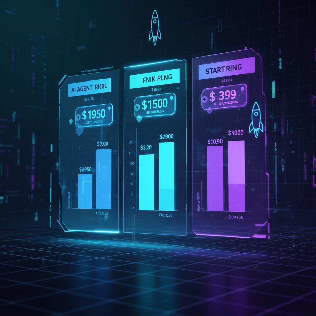 Futuristic holographic dashboard comparing AI agent tool pricing tiers with floating 3D bar charts in neon blue and purple