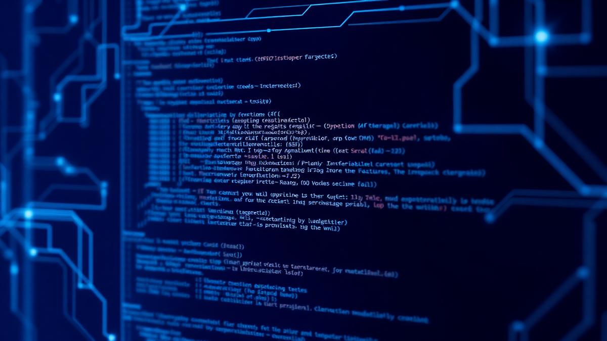 AI generated code on a futuristic developer screen with neural circuit overlay