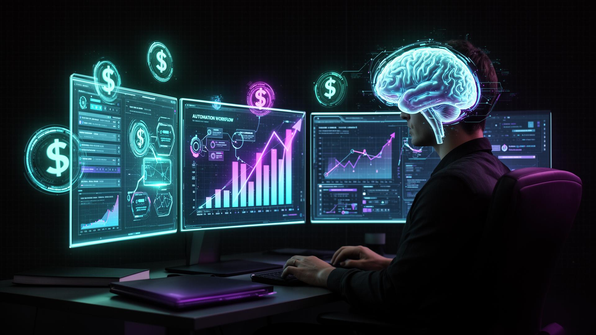 Futuristic holographic AI workspace with glowing income charts, automation workflows, and a person working remotely with AI assistants in dark neon-lit space