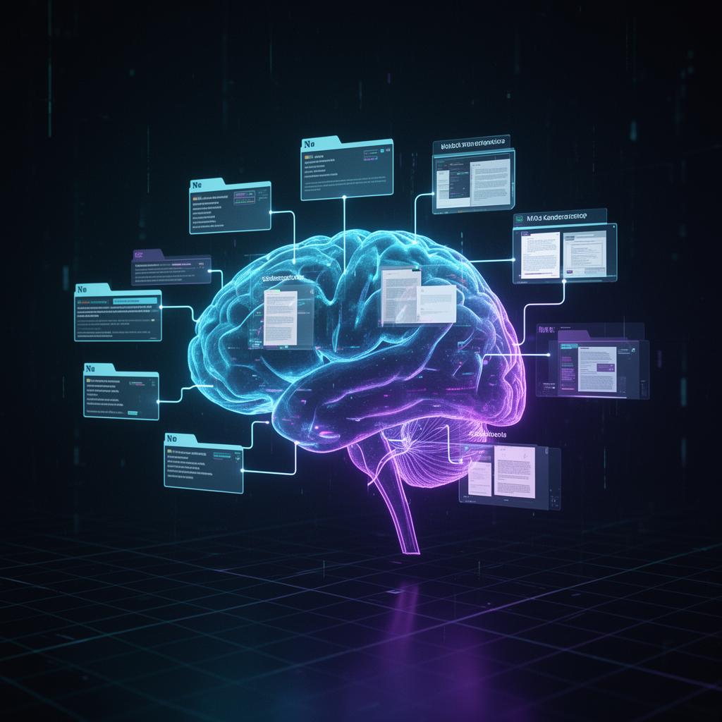Futuristic holographic AI brain organizing floating digital Notion pages into neat categorized folders with neon blue and purple glow