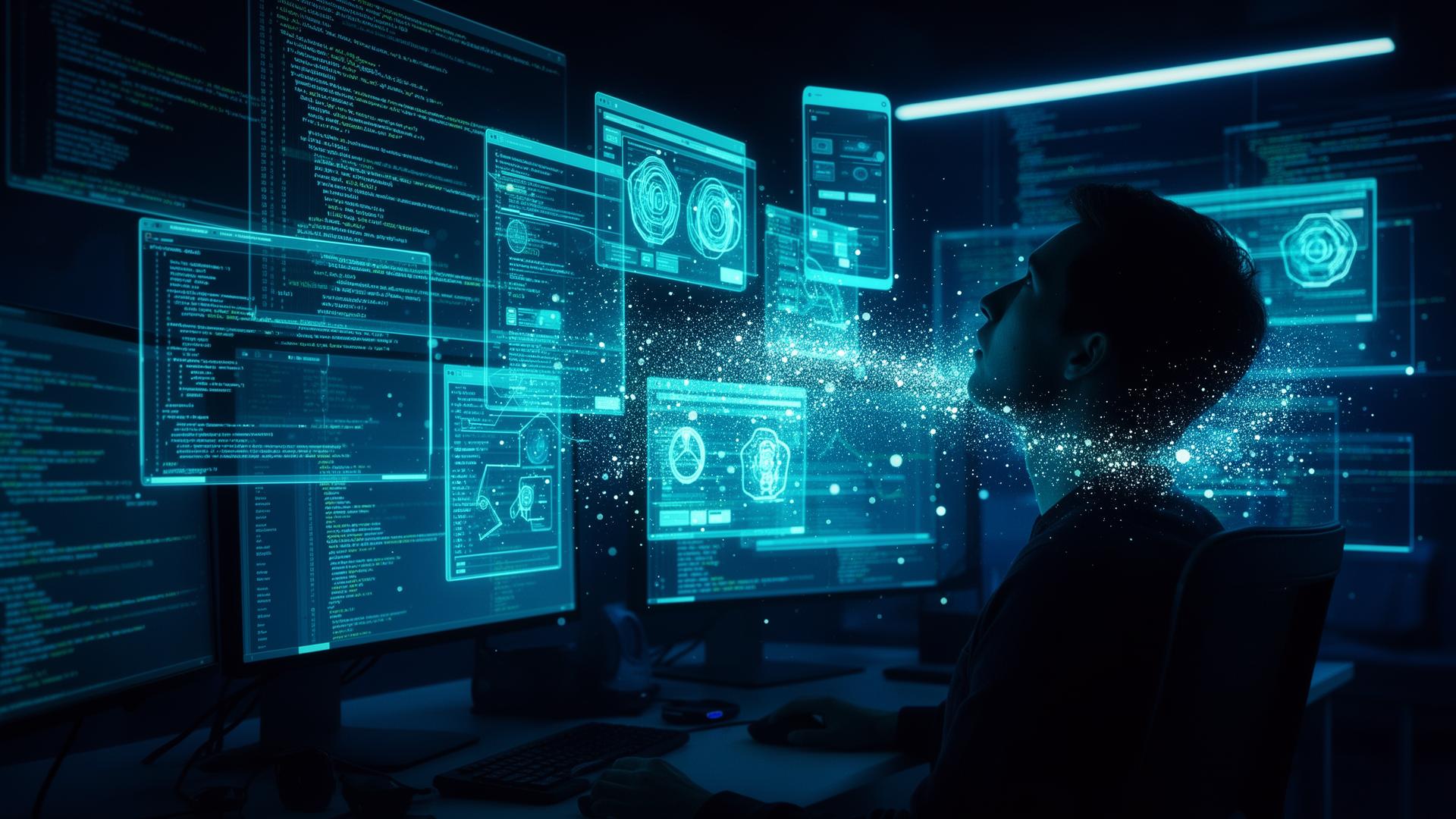 Holographic futuristic AI coding workspace with glowing code streams and terminal windows floating in dark neon-lit space
