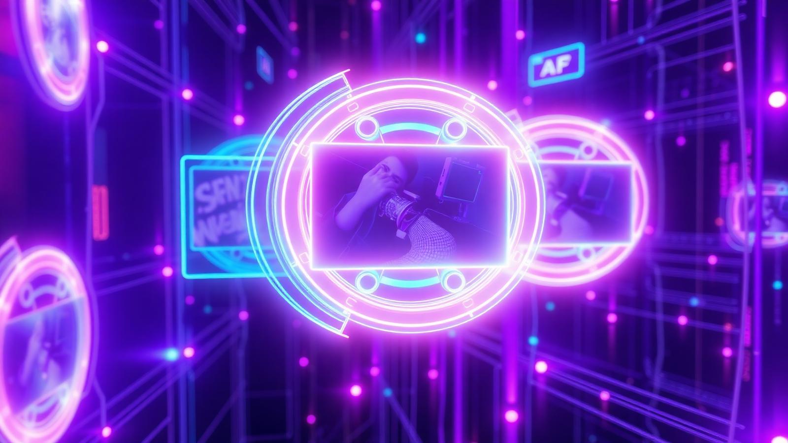 Holographic video frames emerging from a neural network in a futuristic AI video studio