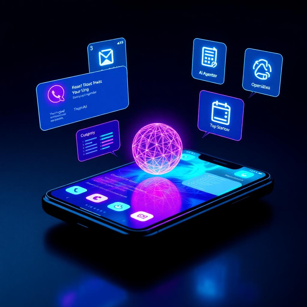 Holographic ChatGPT superapp interface floating above a smartphone with neon purple and blue UI panels showing AI agents, shopping, email, and calendar merging into one app
